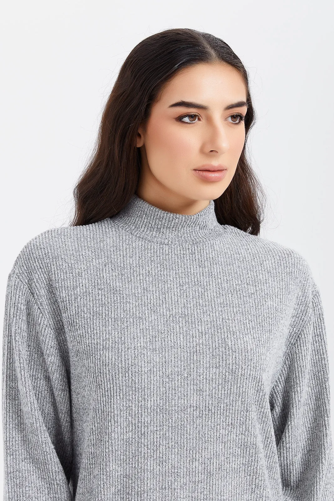 Women Grey Knitted Batwing Pullover