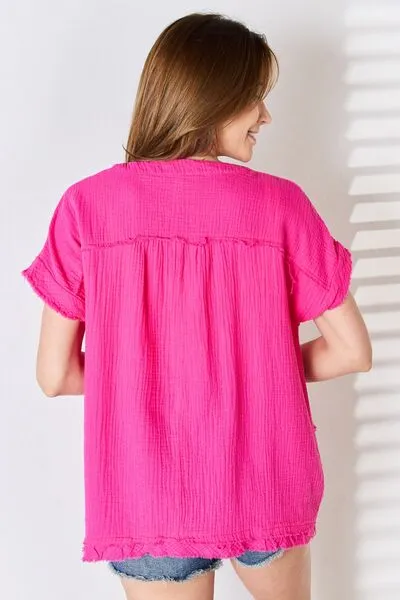 Zenana Raw Hem Short Sleeve Top in Hot Pink